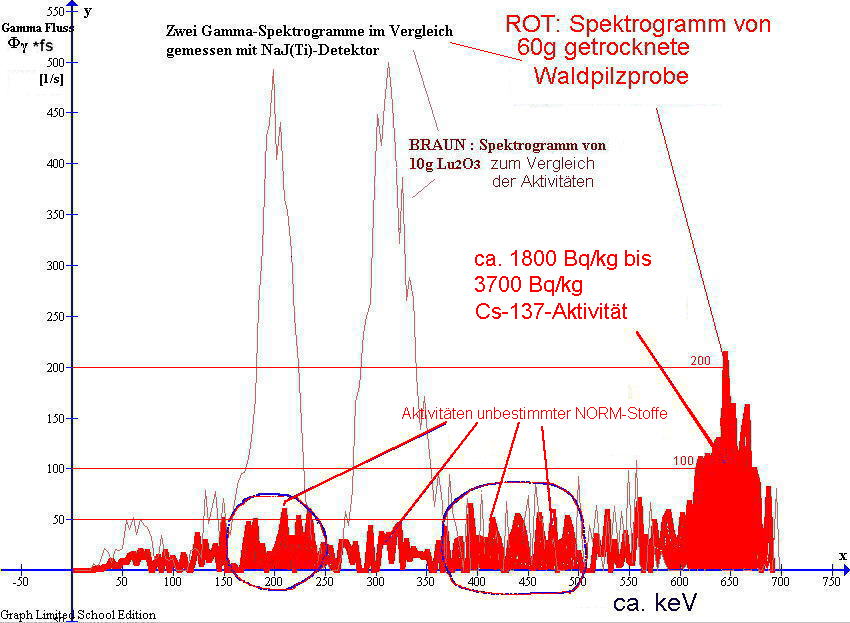 Gamma-Spektrogramme von einer getrockneten Waldpilzprobe und 10g Lutetium(III)-Oxid im Vergleich